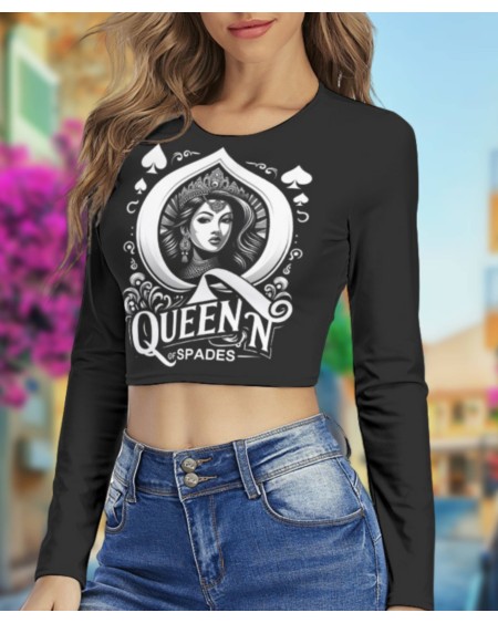 QUENN OF SPADES Round Neck Crop Top T - Shirt, queen off
