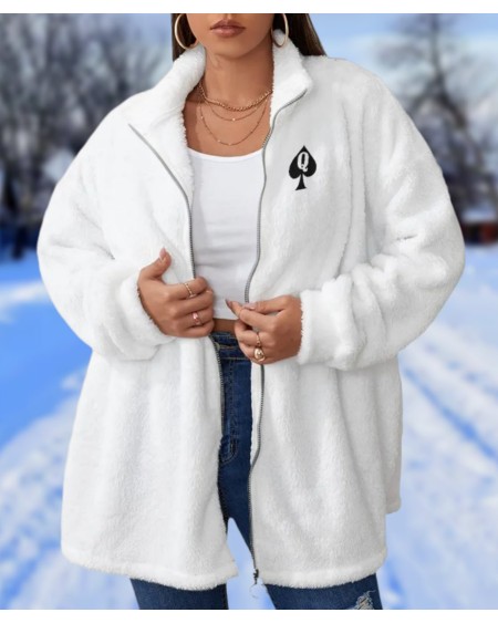 QUEEN OF SPADES Borg Fleece Stand - Up Collar Coat, large