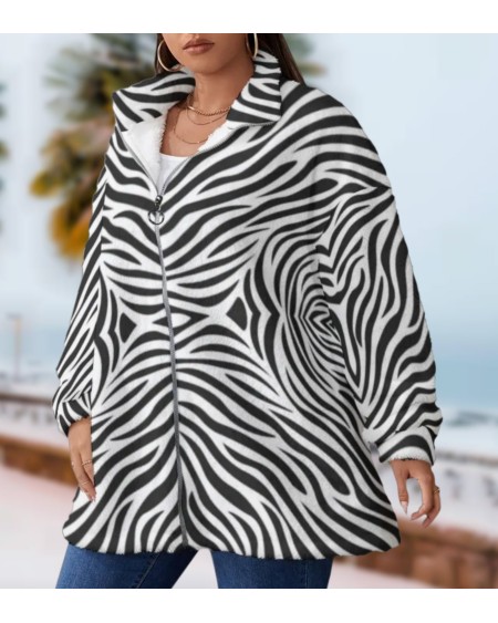 QUEEN OF SPADES Borg Fleece Stand - Up Collar Coat Zebra,