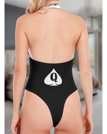 QUENN OF SPADES, V - Neck Backless Bodycon Bodysuit, Queen