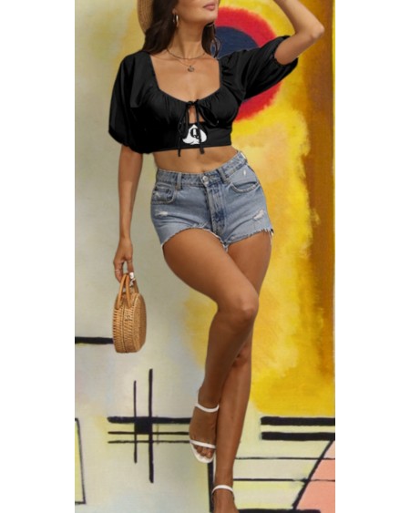 QUEEN OF SPADES Cropped Top With Puff Sleeve, Top queen off