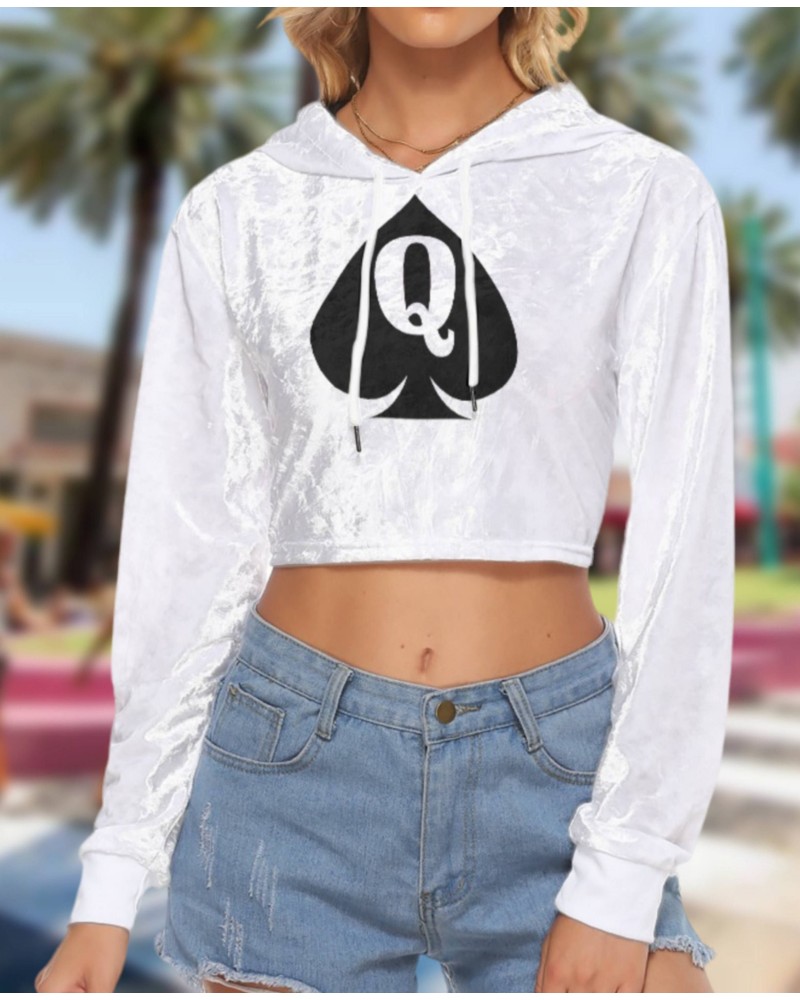 QUEEN OF SPADE Crop Top Hoodie, Velvet, Croc - Top, hotwife