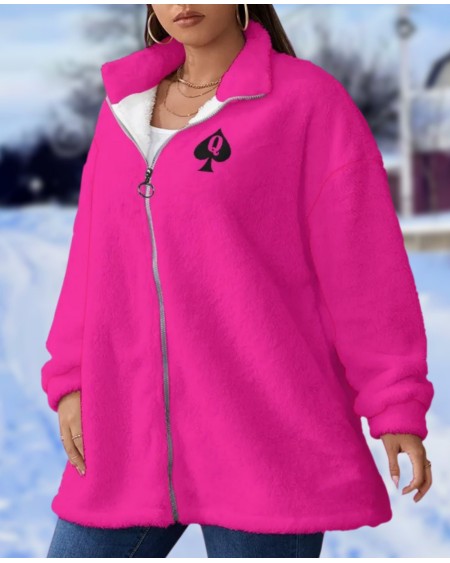 QUEEN OF SPADES Borg Fleece Stand - Up Collar Coat, large