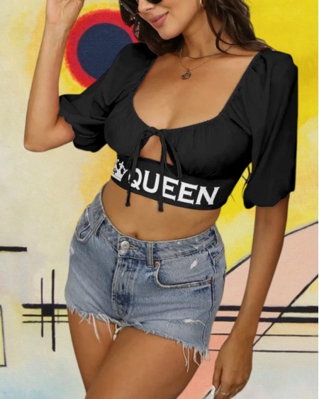QUEEN OF SPADES Cropped Top With Puff Sleeve, Top queen off