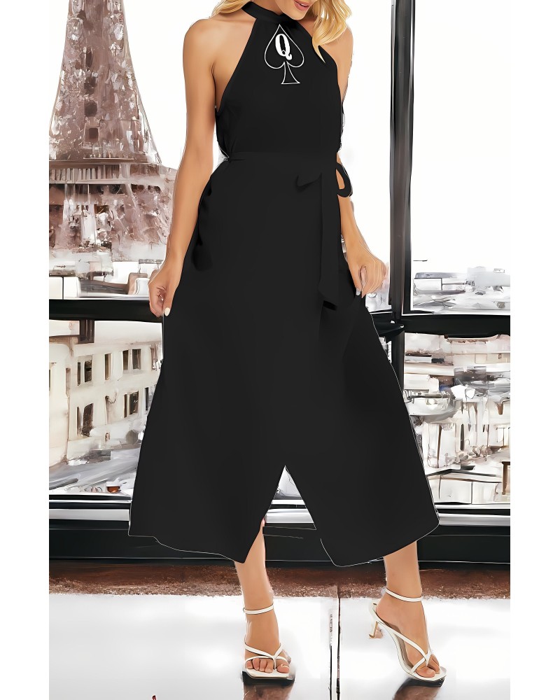 QUEEN OF SPADES Wrap Hem Belted Halter Dress, Cuckolding,