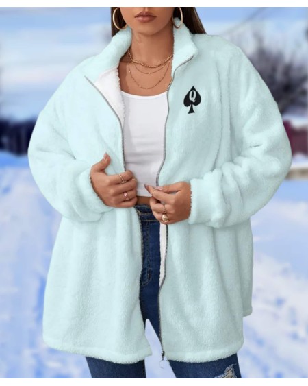 QUEEN OF SPADES Borg Fleece Stand - Up Collar Coat, large