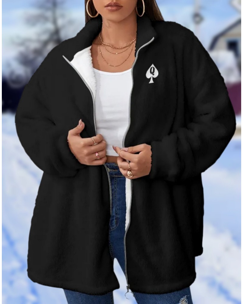 QUEEN OF SPADES Borg Fleece Stand - Up Collar Coat, large