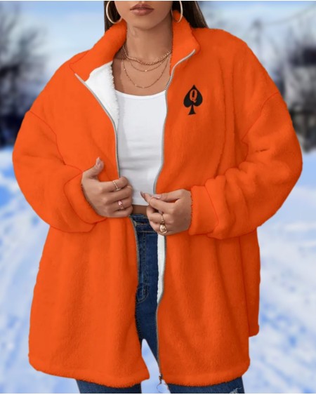 QUEEN OF SPADES Borg Fleece Stand - Up Collar Coat, large