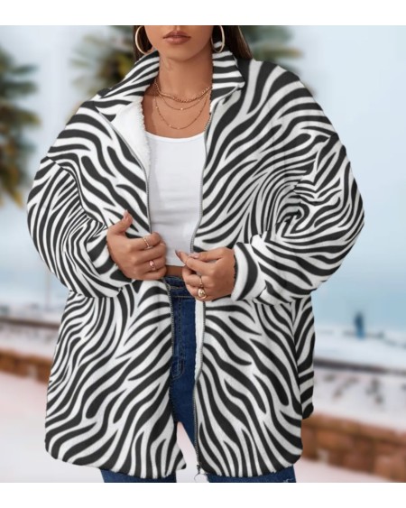 QUEEN OF SPADES Borg Fleece Stand - Up Collar Coat Zebra,