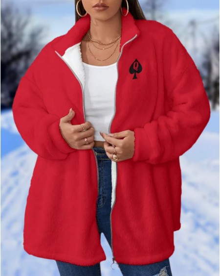 QUEEN OF SPADES Borg Fleece Stand - Up Collar Coat, large