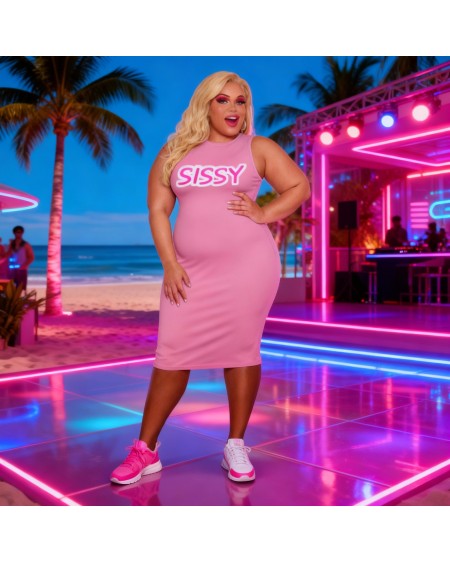 SISSY Pink Bodycon Dress Fetish – Sleeveless Midi Dress for Sissy Submissive Lifestyle