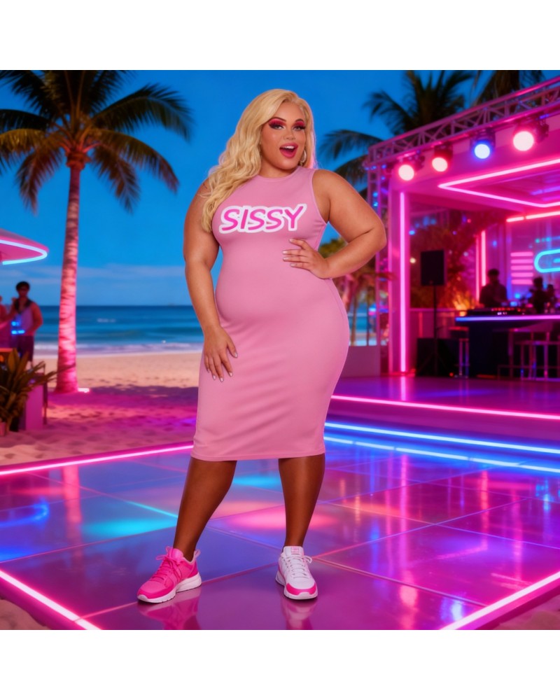 SISSY Pink Bodycon Dress Fetish – Sleeveless Midi Dress for Sissy Submissive Lifestyle
