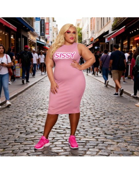 SISSY Pink Bodycon Dress Fetish – Sleeveless Midi Dress for Sissy Submissive Lifestyle