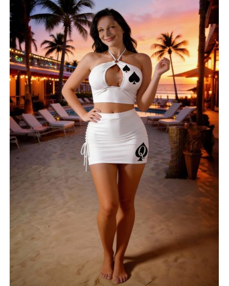 Queen of Spades Hotwife Club Outfit – Backless Cross Front Crop Top and Adjustable Pleated Mini Skirt