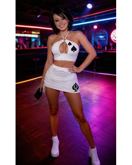Queen of Spades Hotwife Club Outfit – Backless Cross Front Crop Top and Adjustable Pleated Mini Skirt