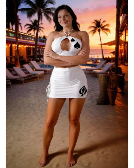 Queen of Spades Hotwife Club Outfit – Backless Cross Front Crop Top and Adjustable Pleated Mini Skirt