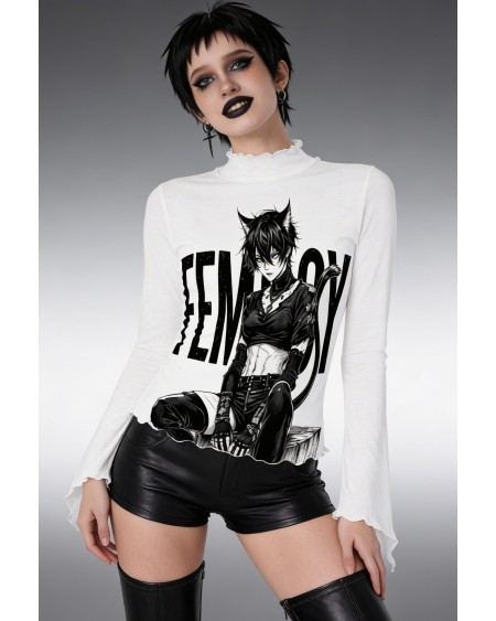 Femboy Catboy Sheer Mesh Crop Top Gothic Manga S-5XL
