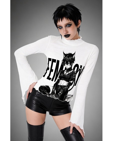 Femboy Catboy Sheer Mesh Crop Top Gothic Manga S-5XL
