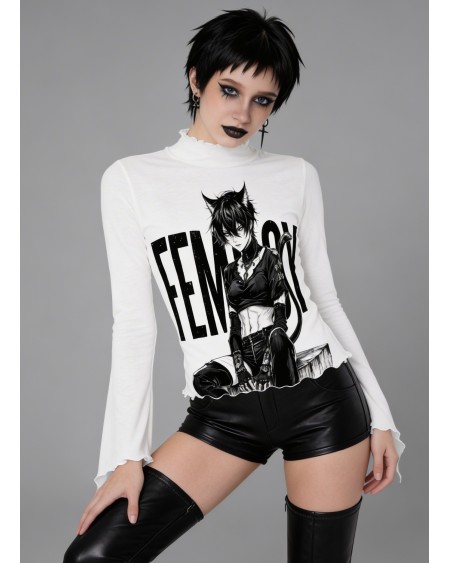 Femboy Catboy Sheer Mesh Crop Top Gothic Manga S-5XL