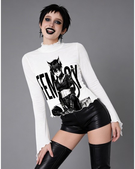 Femboy Catboy Sheer Mesh Crop Top Gothic Manga S-5XL
