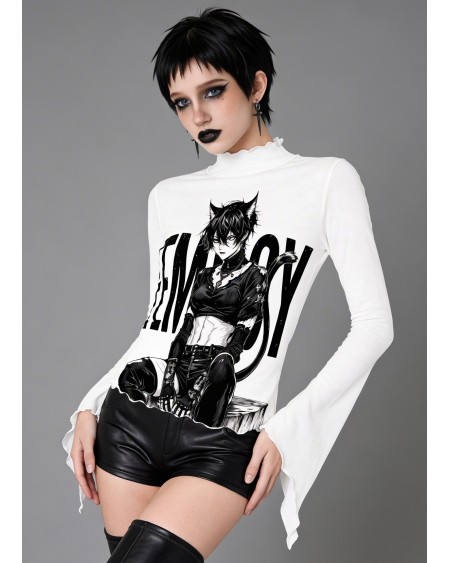 Femboy Catboy Sheer Mesh Crop Top Gothic Manga S-5XL