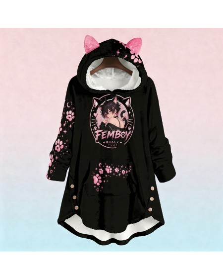 Femboy Cat Hoodie Kawaii Pink Black Cat Ears Hoodie