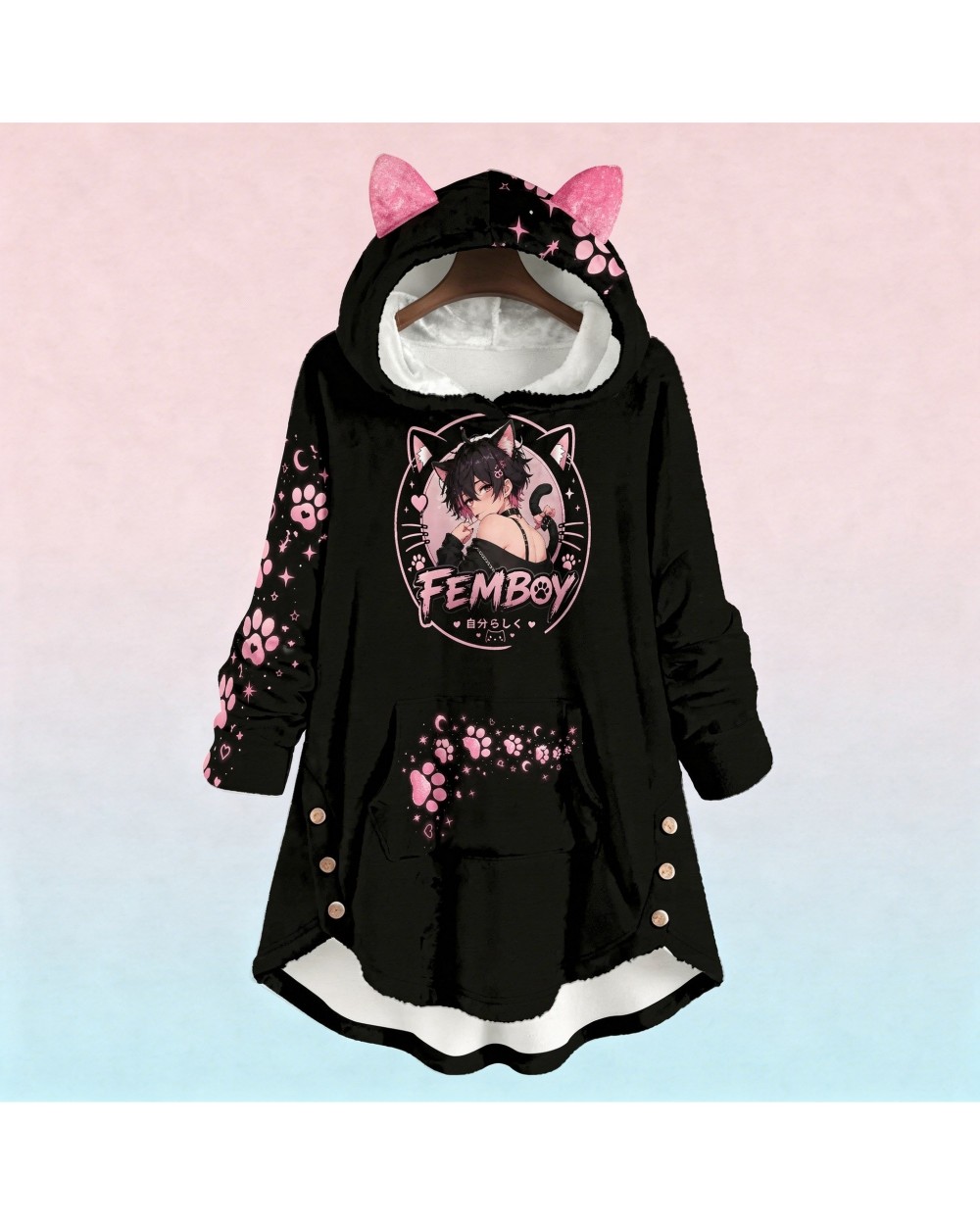 Femboy Cat Hoodie Kawaii Pink Black Cat Ears Hoodie