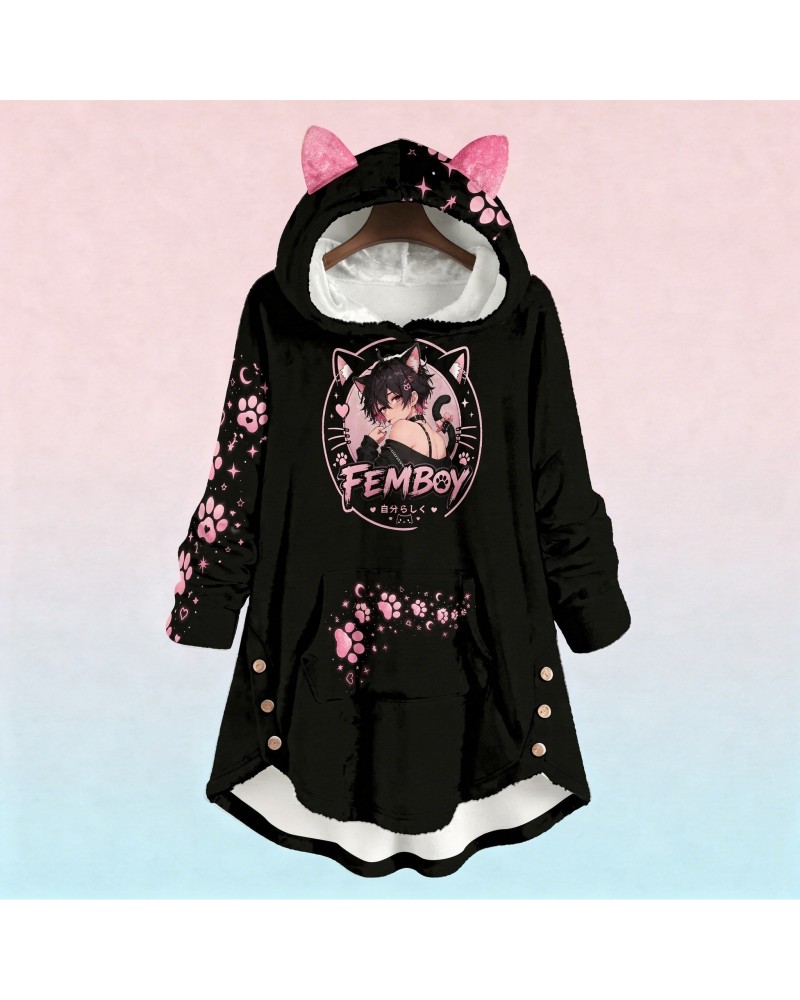 Femboy Cat Hoodie Kawaii Pink Black Cat Ears Hoodie