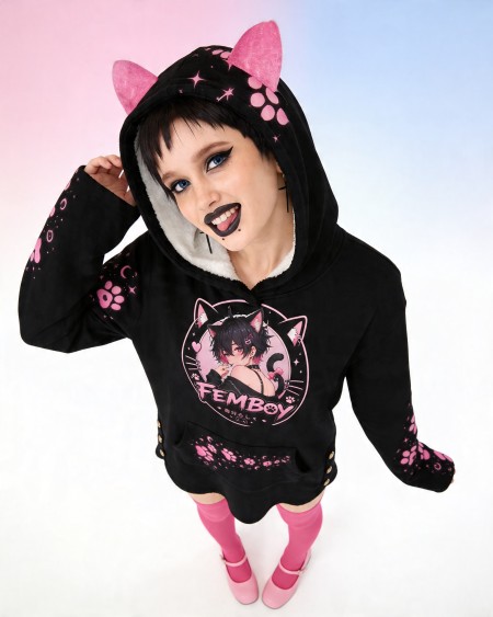 Femboy Cat Hoodie Kawaii Pink Black Cat Ears Hoodie