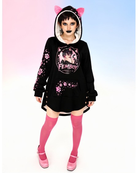 Femboy Cat Hoodie Kawaii Pink Black Cat Ears Hoodie