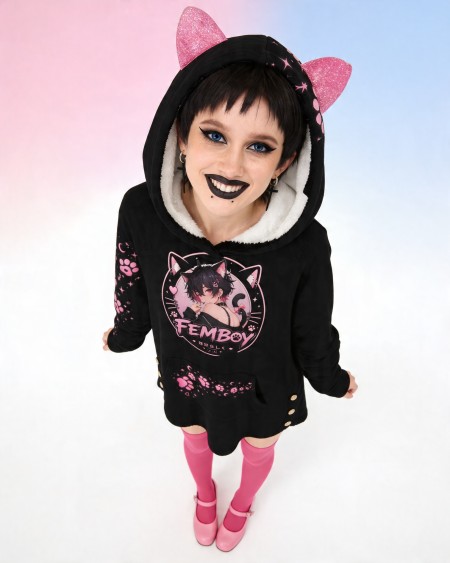 Femboy Cat Hoodie Kawaii Pink Black Cat Ears Hoodie