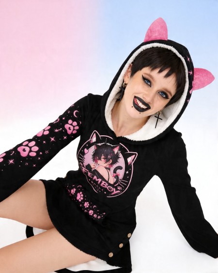 Femboy Cat Hoodie Kawaii Pink Black Cat Ears Hoodie