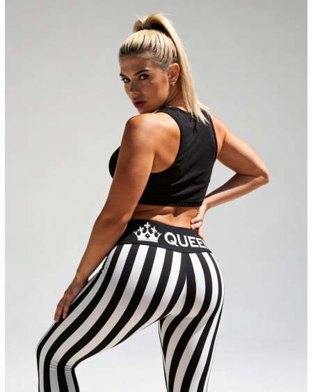 QOS Black White Striped Leggings Queen of Spades