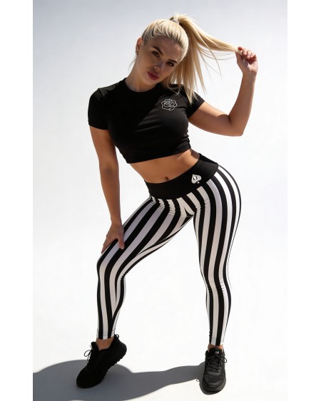 QOS Black White Striped Leggings Queen of Spades