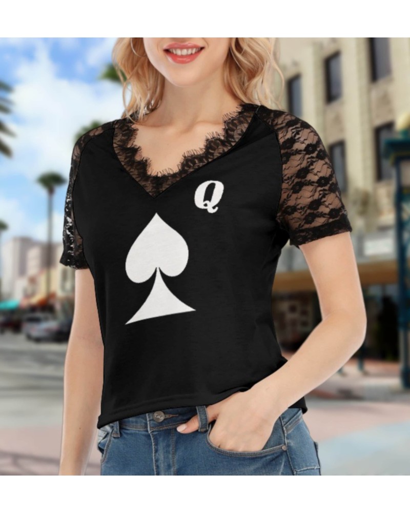 QUEEN OF SPADES V - Neck T - shirt With Lace, queen off