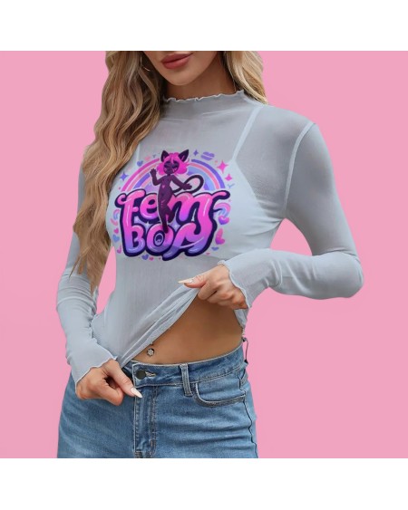 Transparent Mesh Femboy T-Shirt Sheer Long Sleeve Top