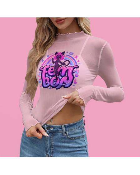 Transparent Mesh Femboy T-Shirt Sheer Long Sleeve Top
