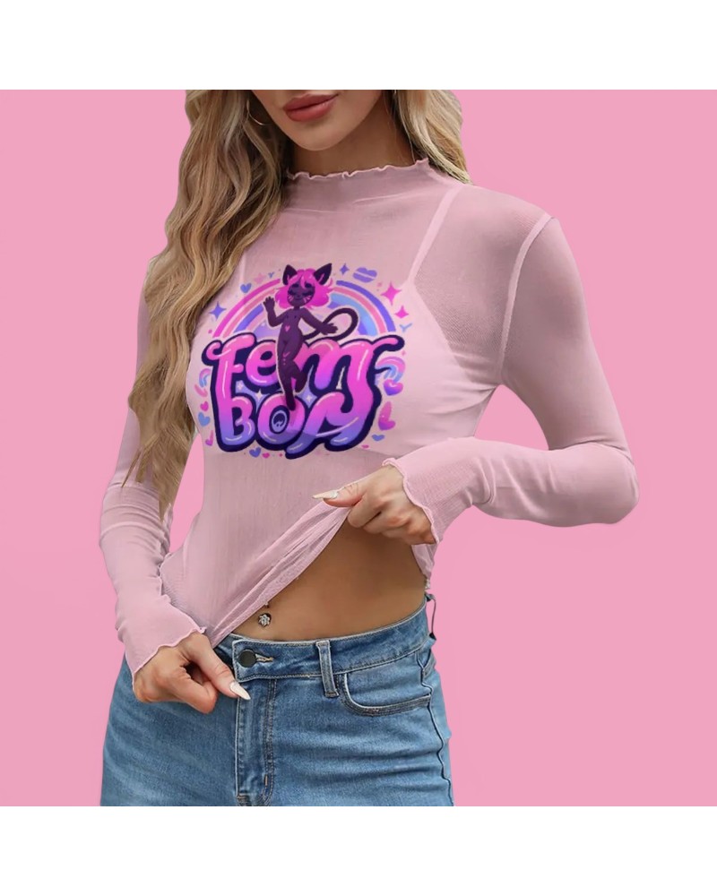 Transparent Mesh Femboy T-Shirt Sheer Long Sleeve Top