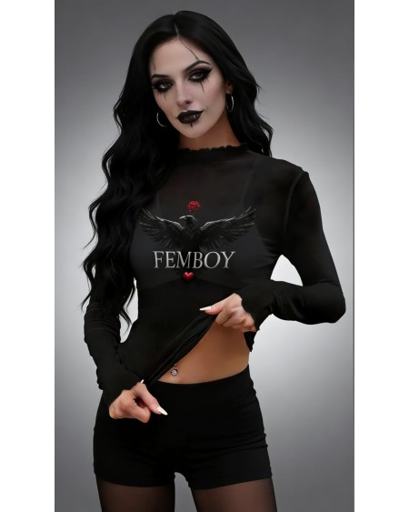 Transparent Femboy Mesh Top XS-6XL | Gothic Sheer Raven Shirt