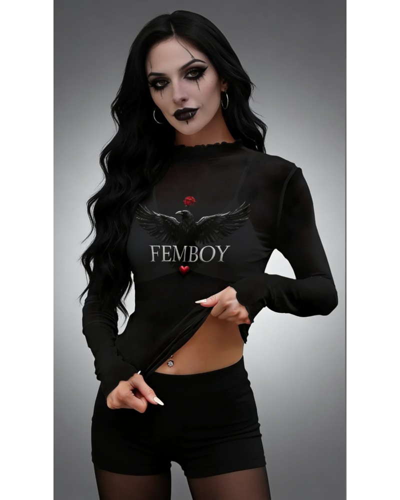 Transparent Femboy Mesh Top XS-6XL | Gothic Sheer Raven Shirt