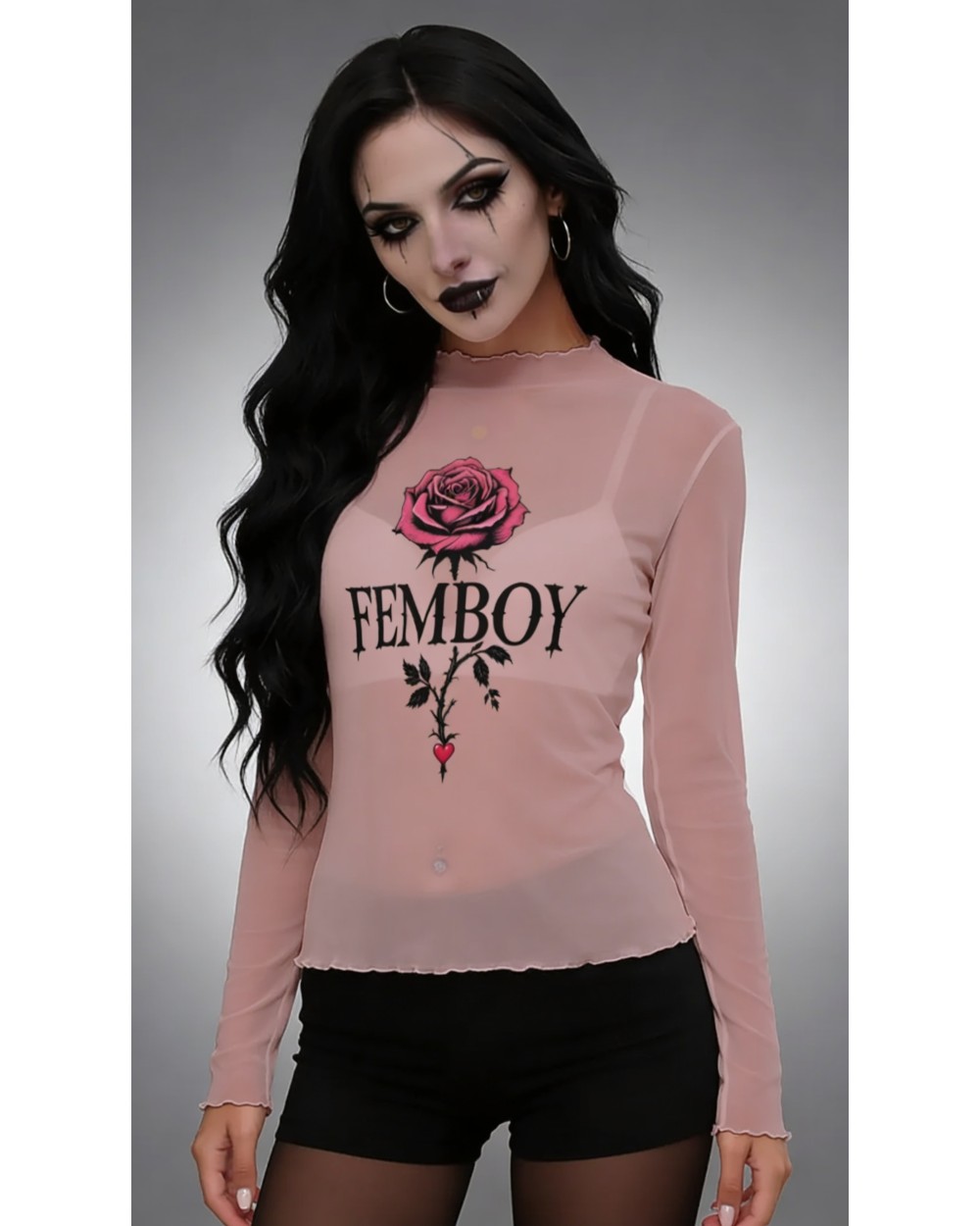 Femboy Rose Mesh Top | Sheer Goth Long Sleeve Shirt XS-6XL