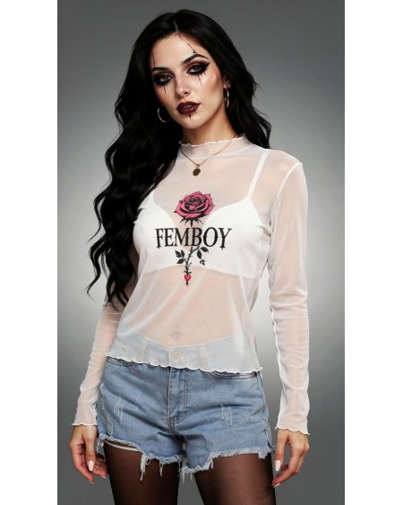Femboy Rose Mesh Top | Sheer Goth Long Sleeve Shirt XS-6XL