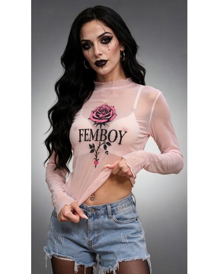 Femboy Rose Mesh Top | Sheer Goth Long Sleeve Shirt XS-6XL