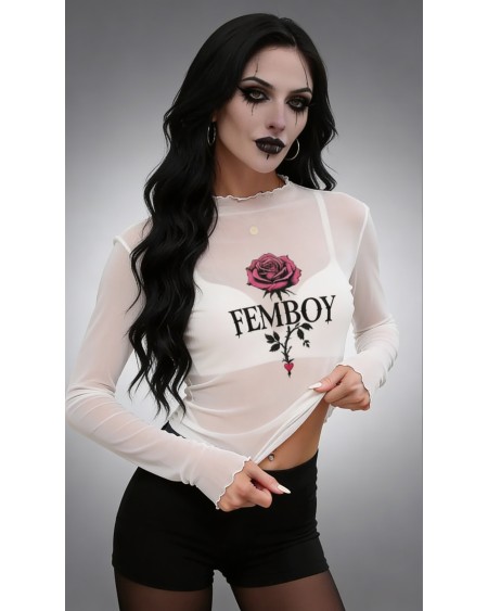 Femboy Rose Mesh Top | Sheer Goth Long Sleeve Shirt XS-6XL
