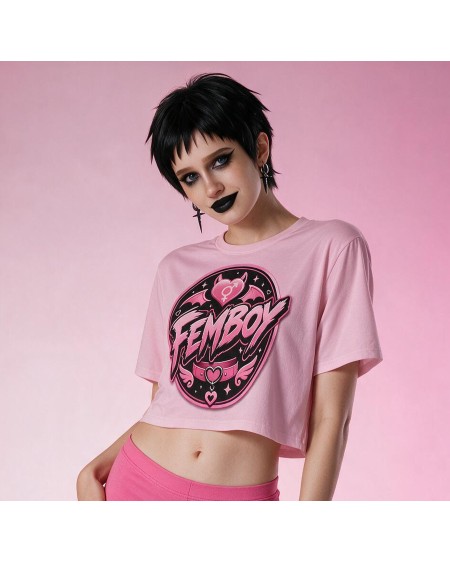 Pink Femboy Gothic Crop Top Bat Heart Graphic XS to 5XL