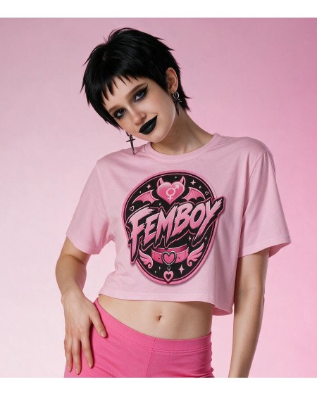Pink Femboy Gothic Crop Top Bat Heart Graphic XS to 5XL