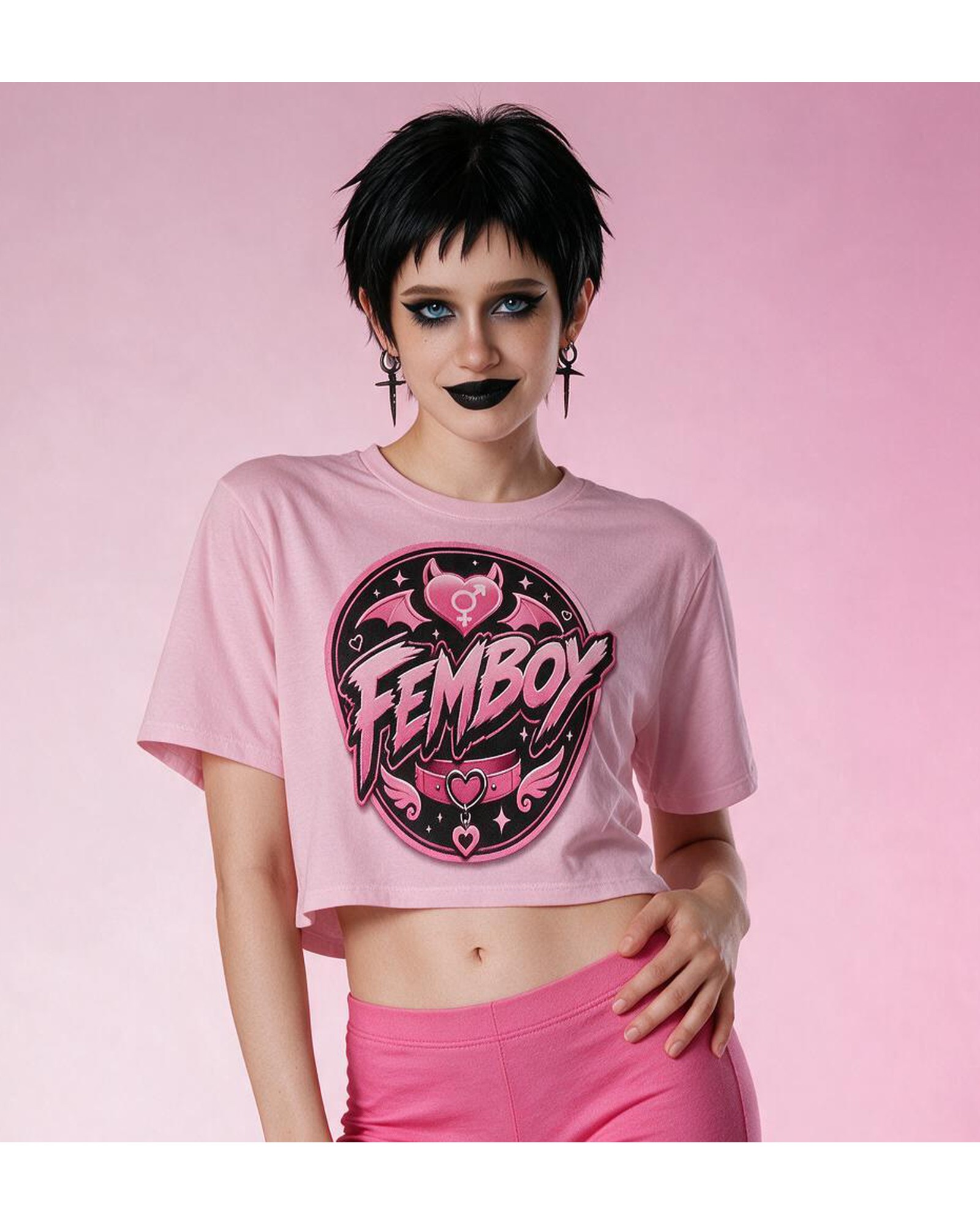 Pink Femboy Gothic Crop Top Bat Heart Graphic XS to 5XL