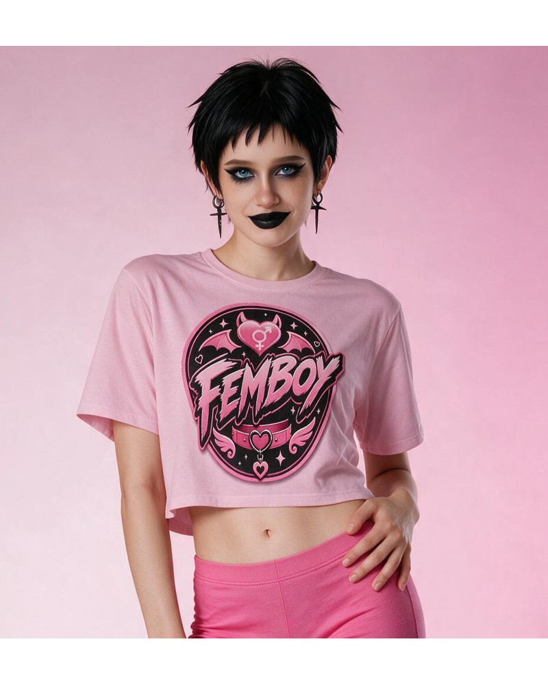 Pink Femboy Gothic Crop Top Bat Heart Graphic XS to 5XL
