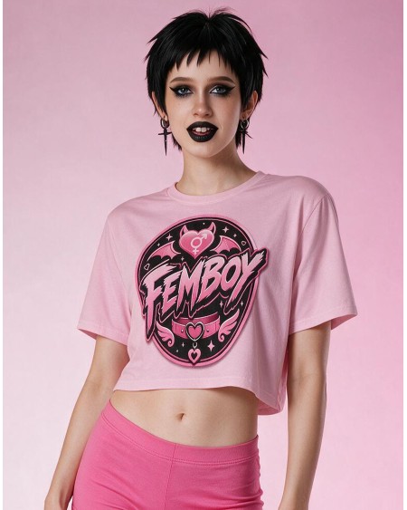 Pink Femboy Gothic Crop Top Bat Heart Graphic XS to 5XL