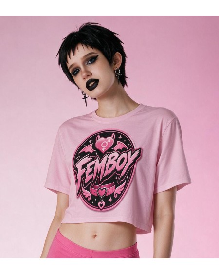 Pink Femboy Gothic Crop Top Bat Heart Graphic XS to 5XL